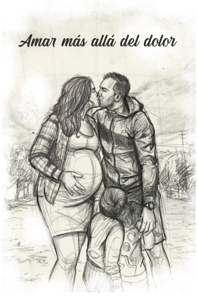 Ilustración de una familia con una madre embarazada y un niño titulada "Amar más allá del dolor", perteneciente al libro El Amor del Duelo sobre duelo perinatal.