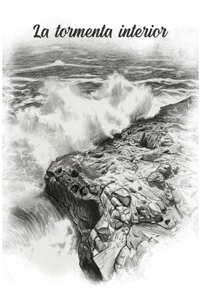 Ilustración de un mar embravecido golpeando los acantilados, titulada "La tormenta interior", del libro El Amor del Duelo sobre duelo perinatal.